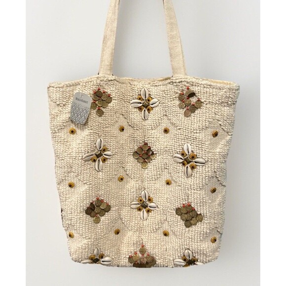 NWT World Market Beige Shopping Tote Bag Havana Shells Beads Coins Beach - Picture 1 of 8